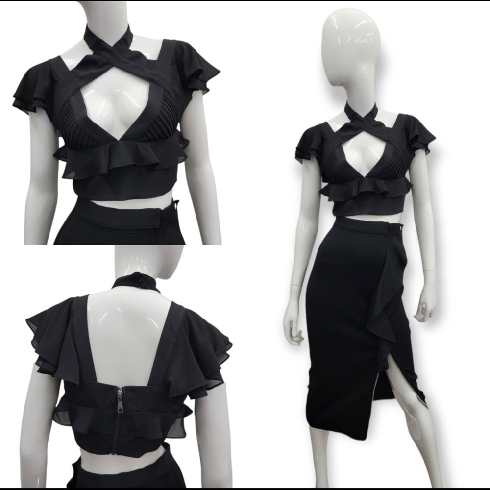 Black Ruffle Cross-Neck Crop Top - Picture 4 of 9